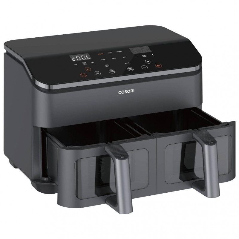Втора ръка: Двоен фритюрник с горещ въздух Cosori Dual Basket CAF-R901-AEU, 1750 W, 8.5 л, 8 програми, Таймер, Touch screen, Черен