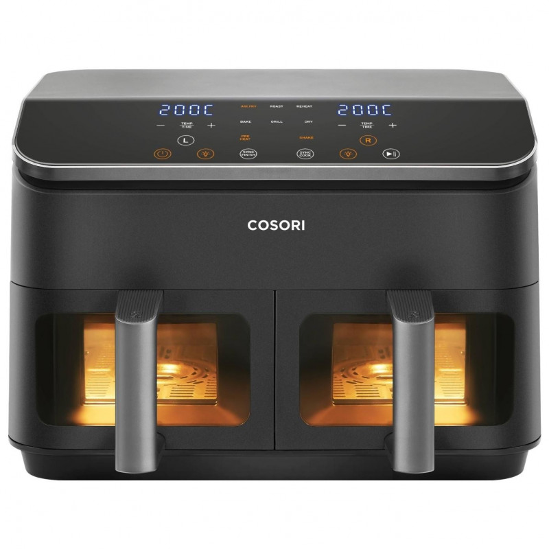 Втора ръка: Двоен фритюрник с горещ въздух Cosori Dual Basket CAF-R901-AEU, 1750 W, 8.5 л, 8 програми, Таймер, Touch screen, Черен