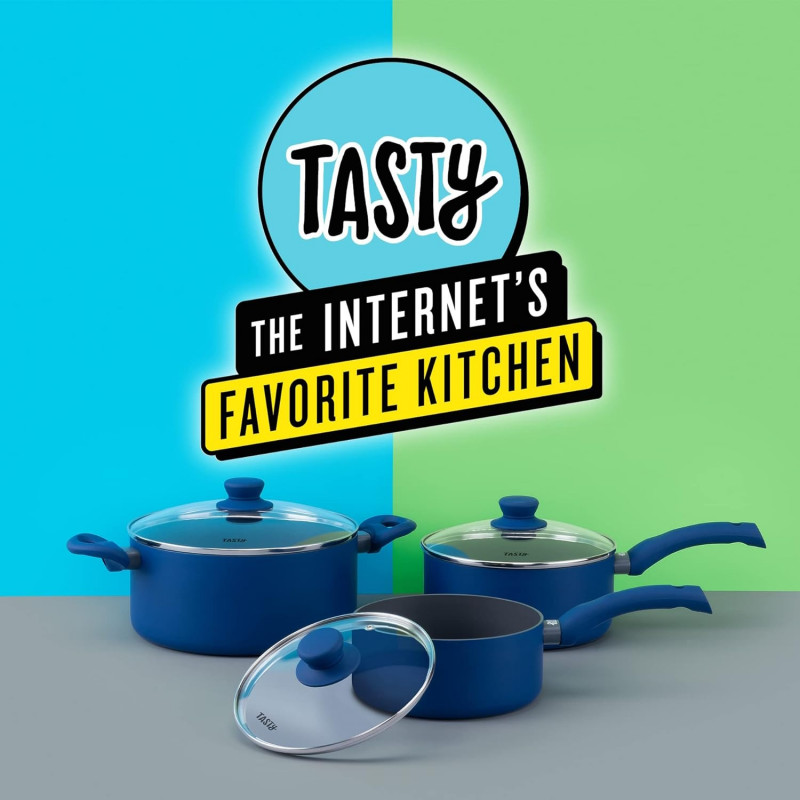 Втора ръка: Касерола със стъклен капак Tasty Everyday 678556, 18 см, 1.8 л, Индукция, Алуминий, Незалепващо покритие, Син