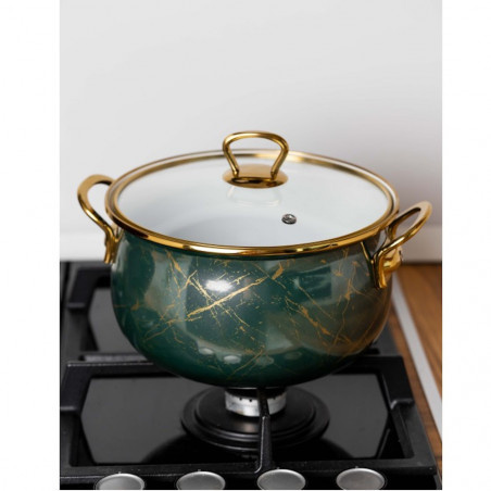 Втора ръка: Тенджера Goldmann GM 8017-22G, 5л, 22х14 см, Емайлирана, Индукция, Стъклен капак, Изумрудено зелено