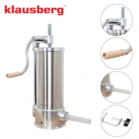 Втора ръка: Машина за пълнене на колбаси Klausberg KB 7927, 5 Кг, Ръчна, 14-35мм, 6 фунии, Инокс