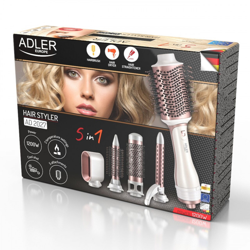 Втора ръка: Четка за сушене и стилизиране 5в1 Adler AD 2027, 1200 W, 2 температури, Керамично покритие, Аксесоари, Бял/розов