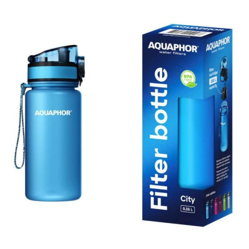 Филтрираща бутилка за вода Aquaphor City 160026, 350 мл, Тритан, Активен въглен, Aqualen, Заключващ се капак, Син