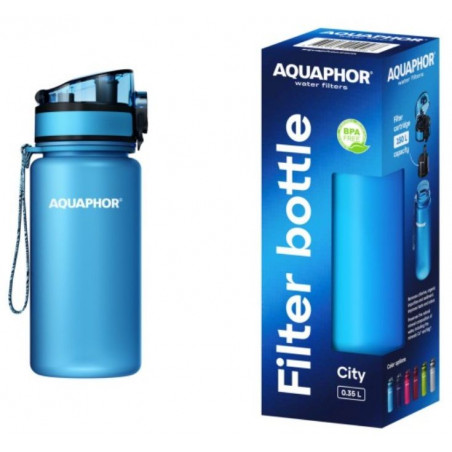 Филтрираща бутилка за вода Aquaphor City 160026, 350 мл, Тритан, Активен въглен, Aqualen, Заключващ се капак, Син