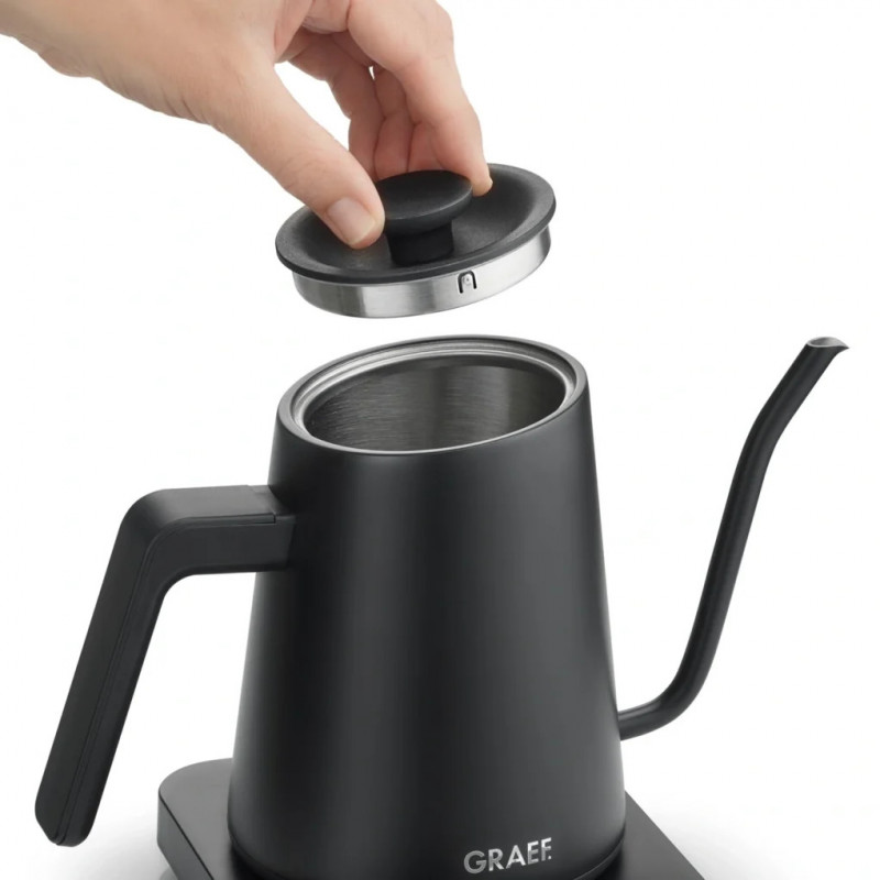 Електрическа кана за вода Graef Pour-over GK502, 1200W, 900 мл, 40-100°C, Keep Warm, Филтър, Чучур тип "Лебедова шия", Черен мат