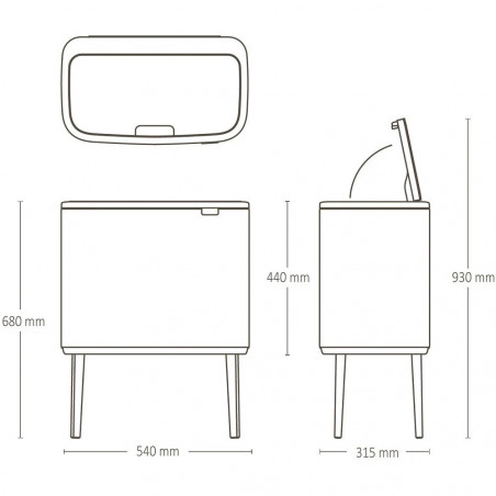 Кош за боклук Brabantia Bo Touch 651105, 36 л, Плавно и безшумно отваряне, Голям отвор, Сив
