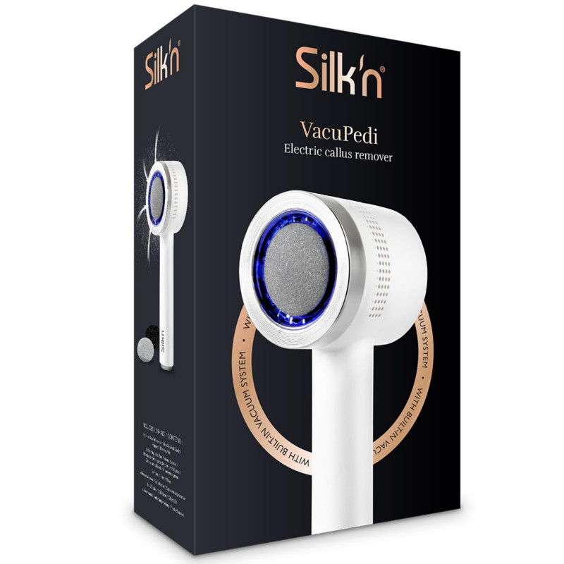 Електрическа пила за груба кожа и мазоли Silk'n VacuPedi VPC1PE1001, 2 скорости, 3 диска, Сменяеми и миещи се филтри, Вакуумна система, Бял/сребрист