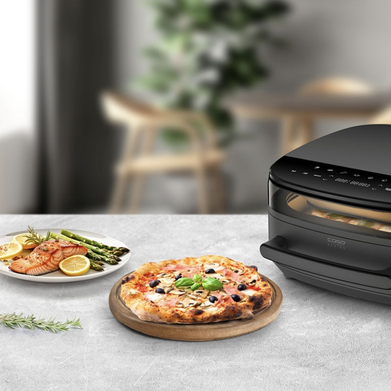 Фритюрник с горещ въздух и фурна за пица Caso AirFry & PizzaChef, 2850W, 6 л, 11 програми, 50-230°C, Таймер, Reminder, До 30 см, Черен