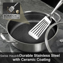 Плитка тенджера Swiss Haus SH-ZGLC28, 28 см, 4.5 л, Sapphire-керамично покритие, Стъклен капак, Фурна до 260C, Индукция, Сребрист