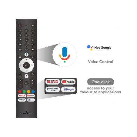 Телевизор Smart Tech 43UW02V, 43'', 109 см, 4K UltraHD 3840 x 2160, Клас F, Smart TV, DLED, Wi-Fi, Bluetooth, Google TV, Черен