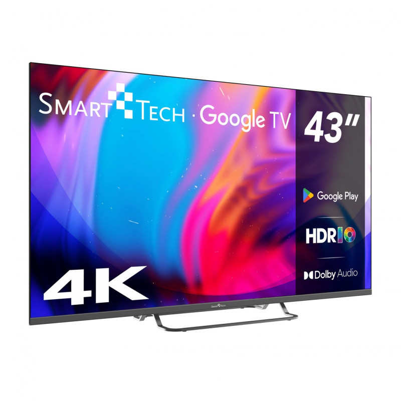 Телевизор Smart Tech 43UW02V, 43'', 109 см, 4K UltraHD 3840 x 2160, Клас F, Smart TV, DLED, Wi-Fi, Bluetooth, Google TV, Черен