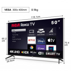Телевизор RCA RK50UN1, 50'', 125 см, 3840x2160 UHD 4K, Клас F, Smart TV, HDR10, DLED, Wi-Fi, Bluetooth, Roku OS, Черен