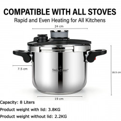 Тенджера под налягане Swiss Haus SH-PCA8L, 8 л, 24х18.6 см, 100 kPa, Неръждаема стомана, Без PFAS, Трислойно дъно, Индукция, Сребрист