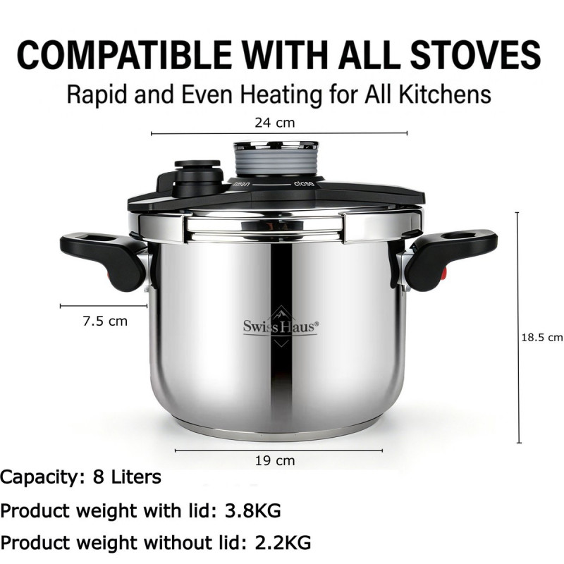 Тенджера под налягане Swiss Haus SH-PCA8L, 8 л, 24х18.6 см, 100 kPa, Неръждаема стомана, Без PFAS, Трислойно дъно, Индукция, Сребрист