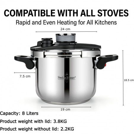 Тенджера под налягане Swiss Haus SH-PCA8L, 8 л, 24х18.6 см, 100 kPa, Неръждаема стомана, Без PFAS, Трислойно дъно, Индукция, Сребрист