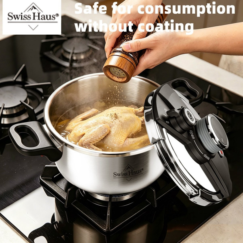 Тенджера под налягане Swiss Haus SH-PCA8L, 8 л, 24х18.6 см, 100 kPa, Неръждаема стомана, Без PFAS, Трислойно дъно, Индукция, Сребрист
