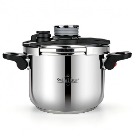 Тенджера под налягане Swiss Haus SH-PCA8L, 8 л, 24х18.6 см, 100 kPa, Неръждаема стомана, Без PFAS, Трислойно дъно, Индукция, Сребрист