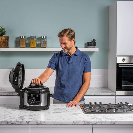 Мултикукър под налягане Ninja Foodi OP350FR, 1400W, 6 л, 9 програми, 40-200°C, TenderCrisp®, Керамично покритие, Поддържане на топлината, Цяло пиле, Черен/инокс