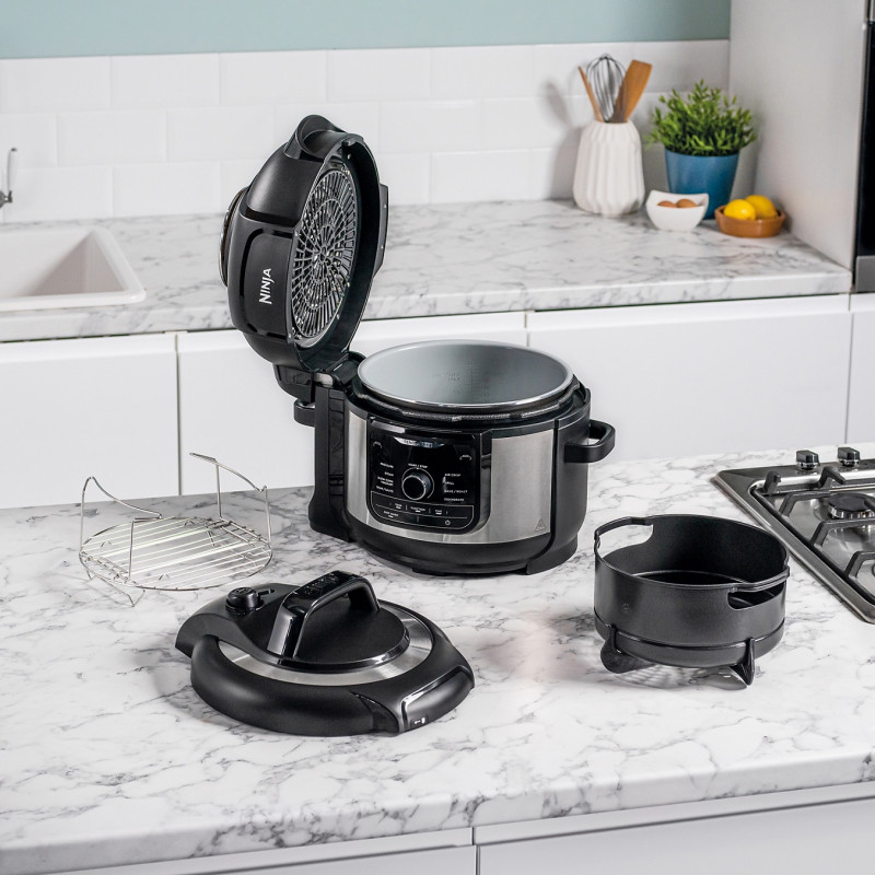 Мултикукър под налягане Ninja Foodi OP350FR, 1400W, 6 л, 9 програми, 40-200°C, TenderCrisp®, Керамично покритие, Поддържане на топлината, Цяло пиле, Черен/инокс
