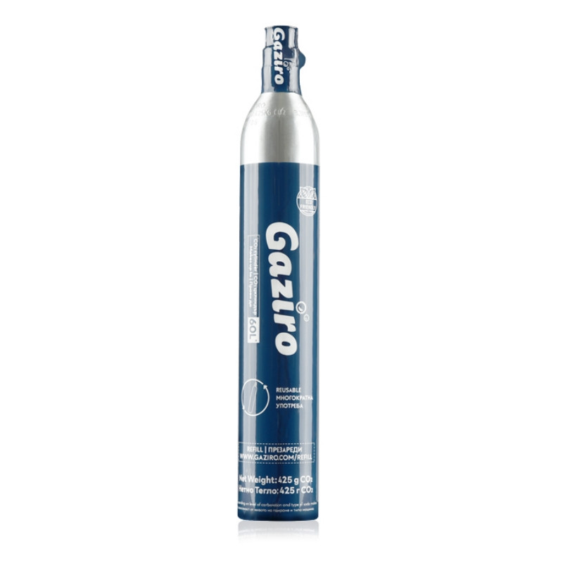 Цилиндър CO2 Gaziro, 425 гр, За 60-80 л, Съвместим с модул Jimmy S9, Презареждащ се, Син/инокс
