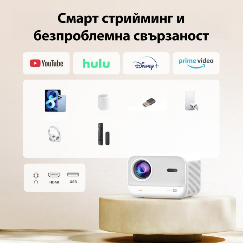 Видео проектор Yaber L2s Plus, 1080P Full HD, 40-150", Wi-Fi, Bluetooth, 2x8W, 460 ISO Lumens, Авто фокус, Бежов