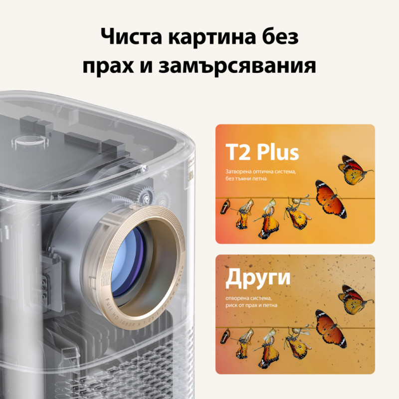 Видео проектор Yaber T2 Plus, 1080P Full HD, 40-120", Wi-Fi 6, Bluetooth 5, 2x8W JBL Dolby Audio, 350 ISO Lumens, Авто фокус, Бежов