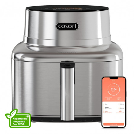 Фритюрник с горещ въздух Cosori Iconic CAF-SE601S, 1725W, 6.2 л, 30-230°C, 6 програми, Таймер, Керамично покритие, Инокс/черен