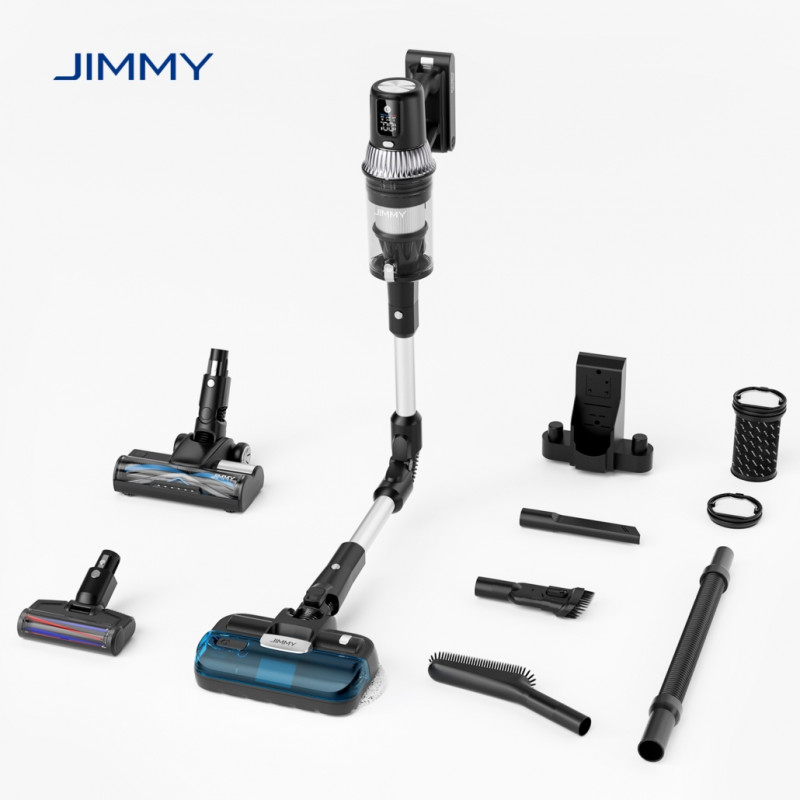 Вертикална прахосмукачка 3в1 JIMMY JV10 Pro Aqua, 800W, 0.6 л, 90 мин, Сухо/мокро + полиране, 4 режима, Сензор за прах, Авто регулиране на мощност, Бял/черен