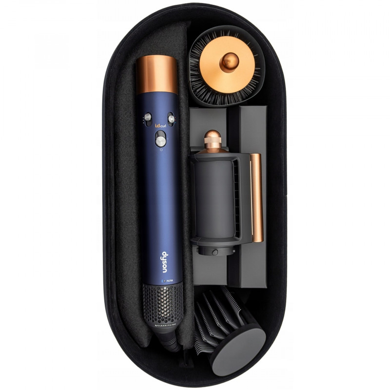 Маша за коса Dyson 107163-01 HS08 Airwrap i.d.™ T1/T2 PBu/RCo Straight + Wavy, 1300W, 13.5 l/s, Автоматично къдрене, Йонизиране, 3 скорости, 3 температури, Bluetooth, Пруско син/меден цвят