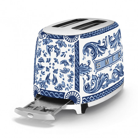 Тостер за хляб SMEG Dolce & Gabbana Blu Mediterraneo TSF01DGBEU, 950W, 2 филии, 6 нива, Тавичка за трохи, Вграден кабел, Неръждаема стомана, Син