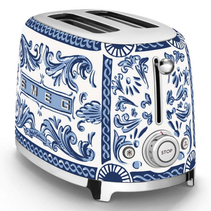 Тостер за хляб SMEG Dolce & Gabbana Blu Mediterraneo TSF01DGBEU, 950W, 2 филии, 6 нива, Тавичка за трохи, Вграден кабел, Неръждаема стомана, Син