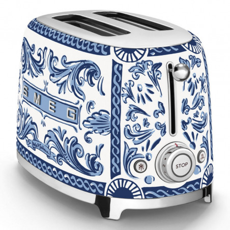 Тостер за хляб SMEG Dolce & Gabbana Blu Mediterraneo TSF01DGBEU, 950W, 2 филии, 6 нива, Тавичка за трохи, Вграден кабел, Неръждаема стомана, Син