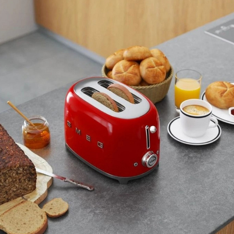 Тостер за хляб SMEG 50's Style TSF01RDEU, 950W, 2 филии, 6 нива, Тавичка за трохи, Вграден кабел, Неръждаема стомана, Червен