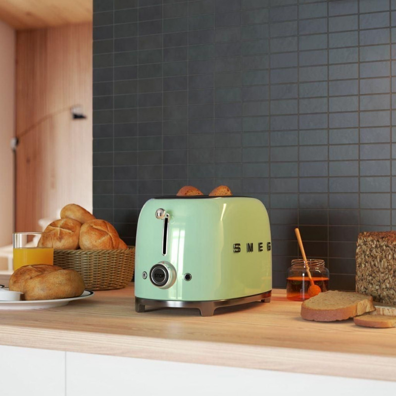 Тостер за хляб SMEG 50's Style TSF01PGEU, 950W, 2 филии, 6 нива, Тавичка за трохи, Вграден кабел, Неръждаема стомана, Зелен