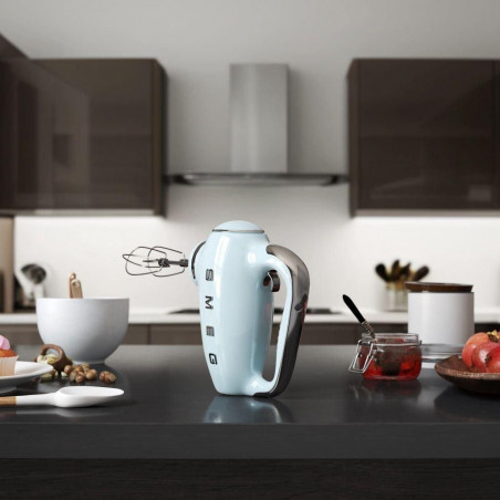 Ръчен миксер SMEG 50's Style HMF01PBEU, 250W, 9 скорости, Турбо, Скрит LED дисплей, Таймер, Аксесоари, Син