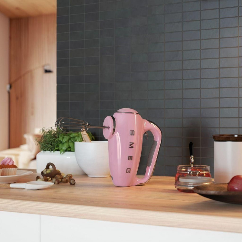 Ръчен миксер SMEG 50's Style HMF01PKEU, 250W, 9 скорости, Турбо, Скрит LED дисплей, Таймер, Аксесоари, Розов