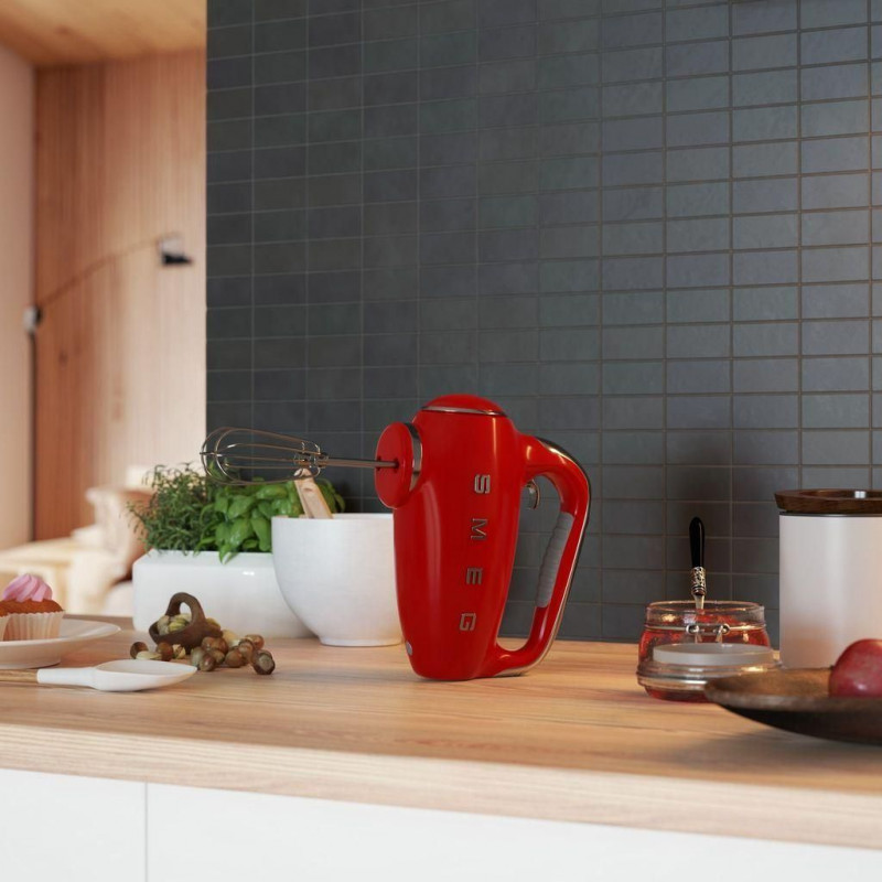 Ръчен миксер SMEG 50's Style HMF01RDEU, 250W, 9 скорости, Турбо, Скрит LED дисплей, Таймер, Аксесоари, Червен