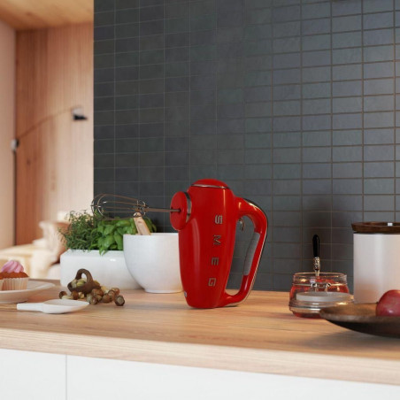 Ръчен миксер SMEG 50's Style HMF01RDEU, 250W, 9 скорости, Турбо, Скрит LED дисплей, Таймер, Аксесоари, Червен