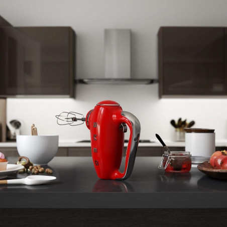 Ръчен миксер SMEG 50's Style HMF01RDEU, 250W, 9 скорости, Турбо, Скрит LED дисплей, Таймер, Аксесоари, Червен