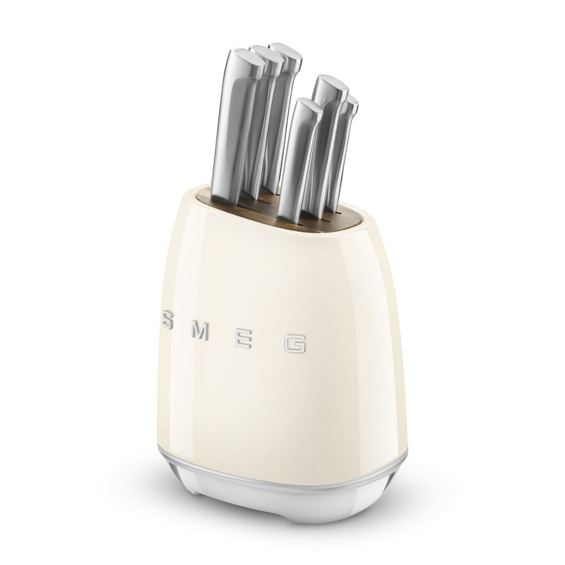 Комплект ножове със стойка SMEG KBSF02CR, 7 части, Слотове от акациево дърво, Немска неръждаема стомана, Крема