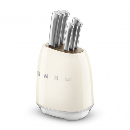 Комплект ножове със стойка SMEG KBSF02CR, 7 части, Слотове от акациево дърво, Немска неръждаема стомана, Крема