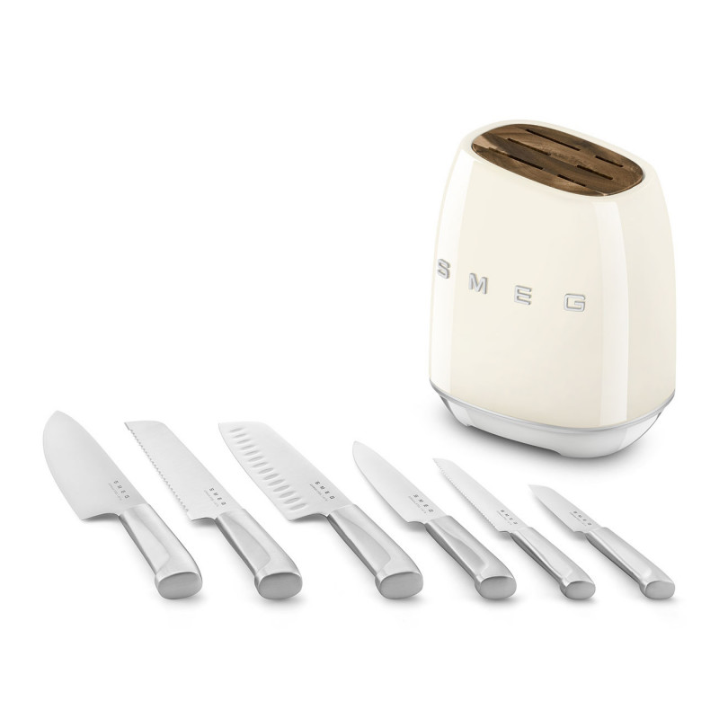 Комплект ножове със стойка SMEG KBSF02CR, 7 части, Слотове от акациево дърво, Немска неръждаема стомана, Крема