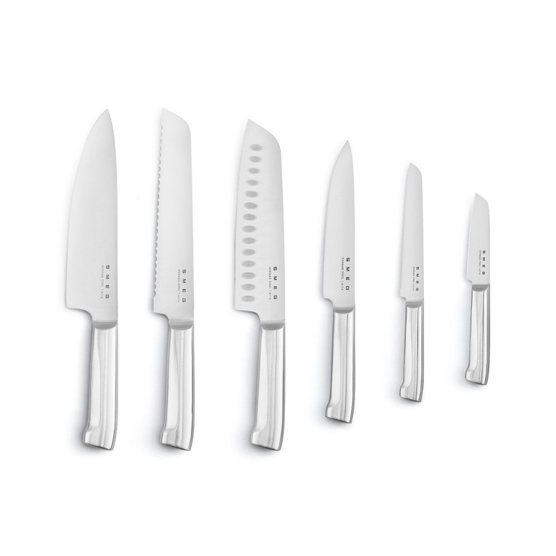 Комплект ножове със стойка SMEG KBSF02PB, 7 части, Слотове от акациево дърво, Немска неръждаема стомана, Пастелно син