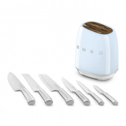 Комплект ножове със стойка SMEG KBSF02PB, 7 части, Слотове от акациево дърво, Немска неръждаема стомана, Пастелно син
