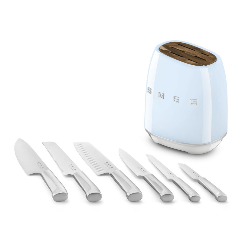 Комплект ножове със стойка SMEG KBSF02PB, 7 части, Слотове от акациево дърво, Немска неръждаема стомана, Пастелно син