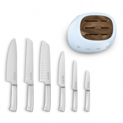 Комплект ножове със стойка SMEG KBSF02PB, 7 части, Слотове от акациево дърво, Немска неръждаема стомана, Пастелно син