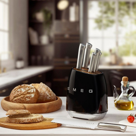 Комплект ножове със стойка SMEG KBSF02BL, 7 части, Слотове от акациево дърво, Немска неръждаема стомана, Черен