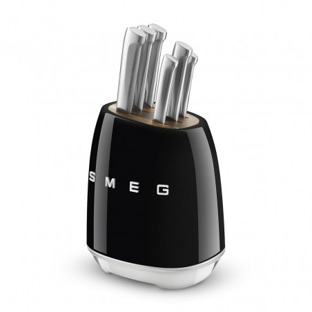 Комплект ножове със стойка SMEG KBSF02BL, 7 части, Слотове от акациево дърво, Немска неръждаема стомана, Черен