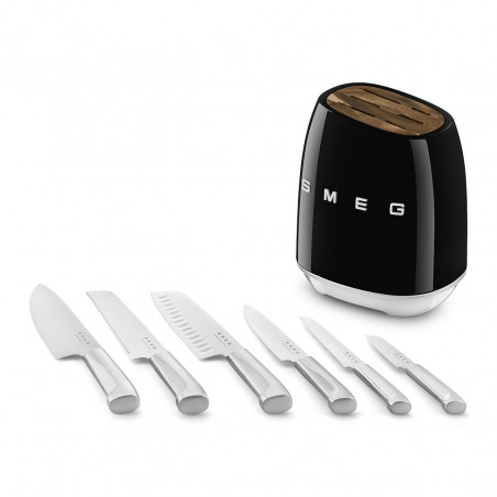 Комплект ножове със стойка SMEG KBSF02BL, 7 части, Слотове от акациево дърво, Немска неръждаема стомана, Черен