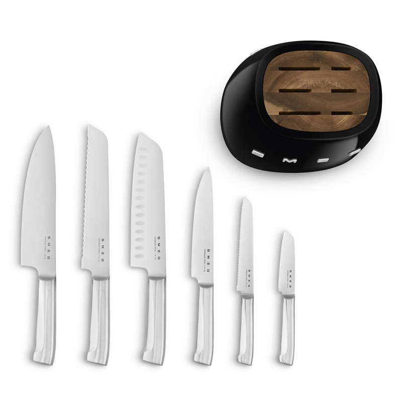 Комплект ножове със стойка SMEG KBSF02BL, 7 части, Слотове от акациево дърво, Немска неръждаема стомана, Черен